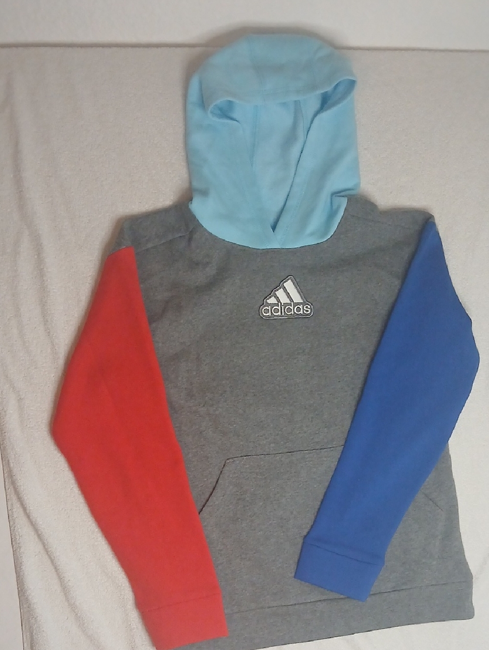 Adidas Kids Colorblock Hoodie - Gray with Red & Blue Sleeves & Light Blue Hood